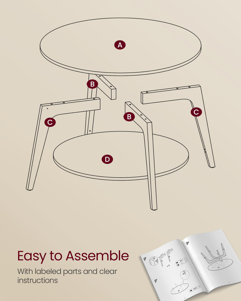 Round Coffee Table, 2 Tier Coffee Table with Storage, for Living Room, 31.5 x 17.7 Inches, Easy to Assemble