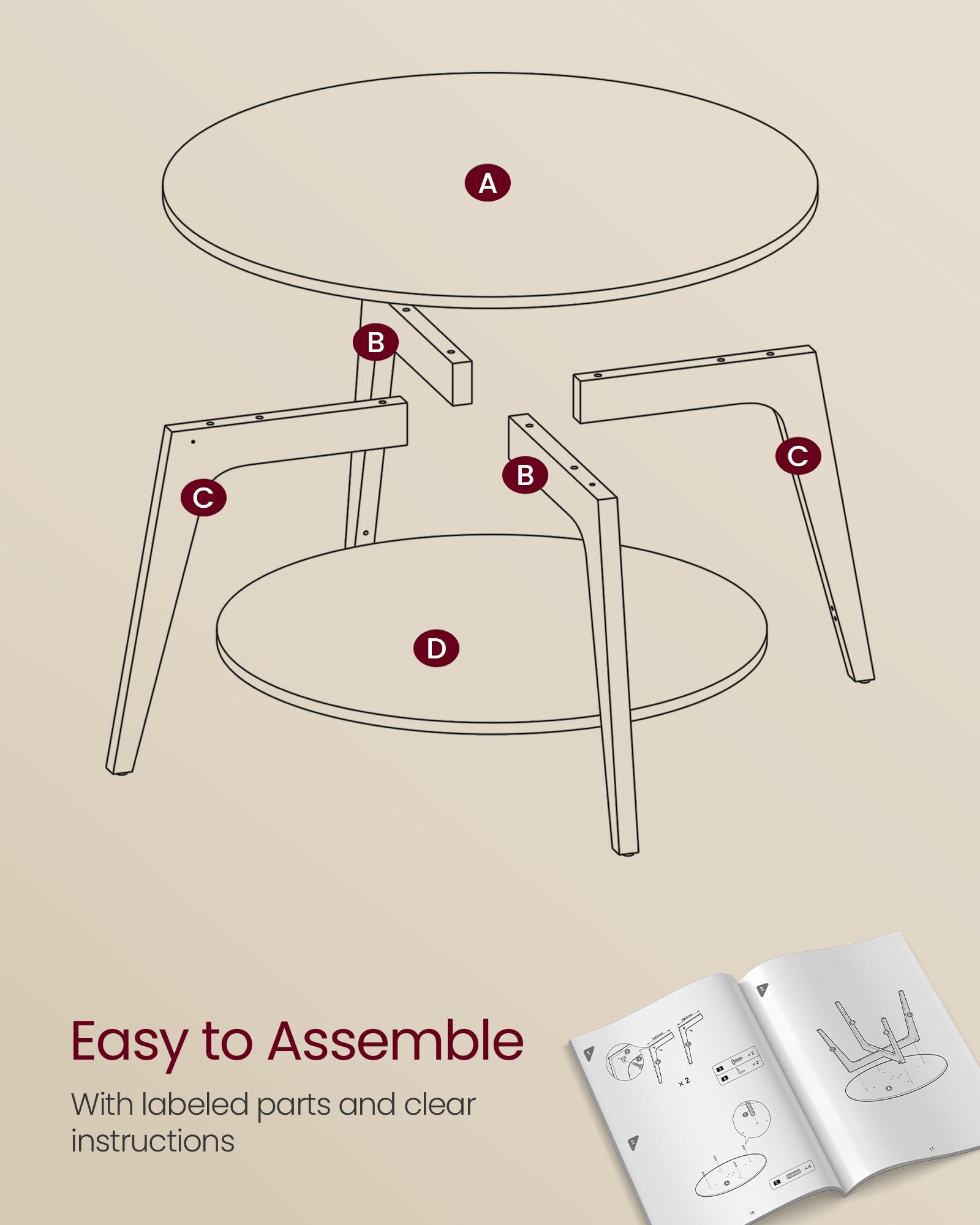 Round Coffee Table, 2 Tier Coffee Table with Storage, for Living Room, 31.5 x 17.7 Inches, Easy to Assemble