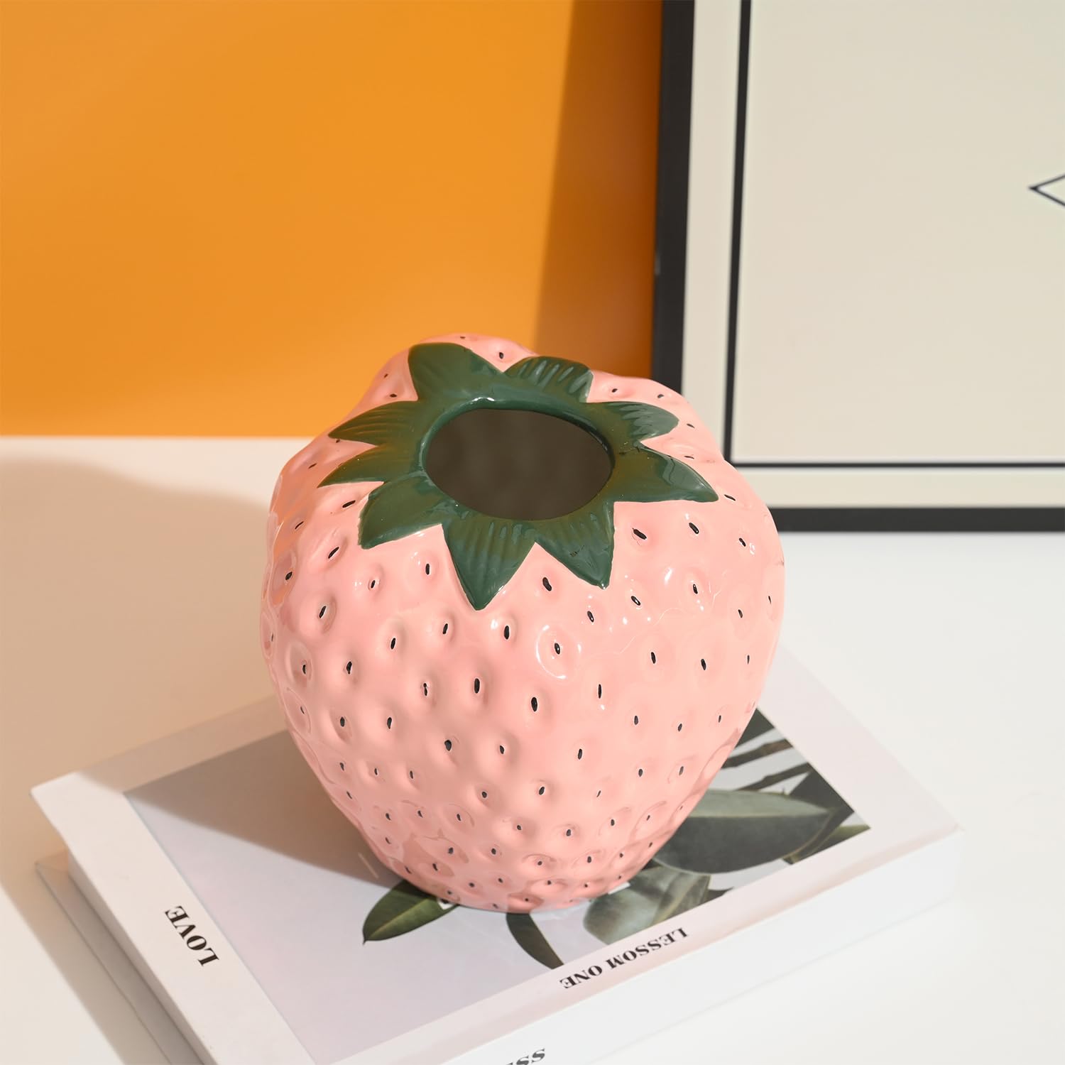 Strawberry Vase for Flowers, Dusty Pink Ceramic Fruit Vase, Strawberry Shaped Planter Pot with Green Leaves and Black Seeds Decor