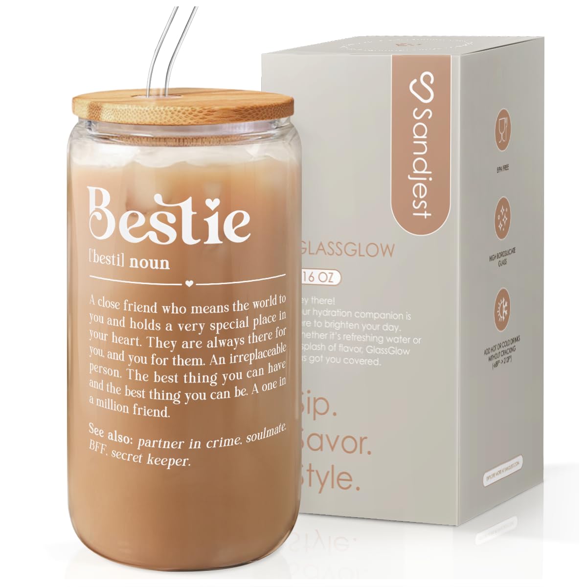 Glass Cup with Lid & Straw, Iced Coffee Aesthetic Glass Can, 16oz