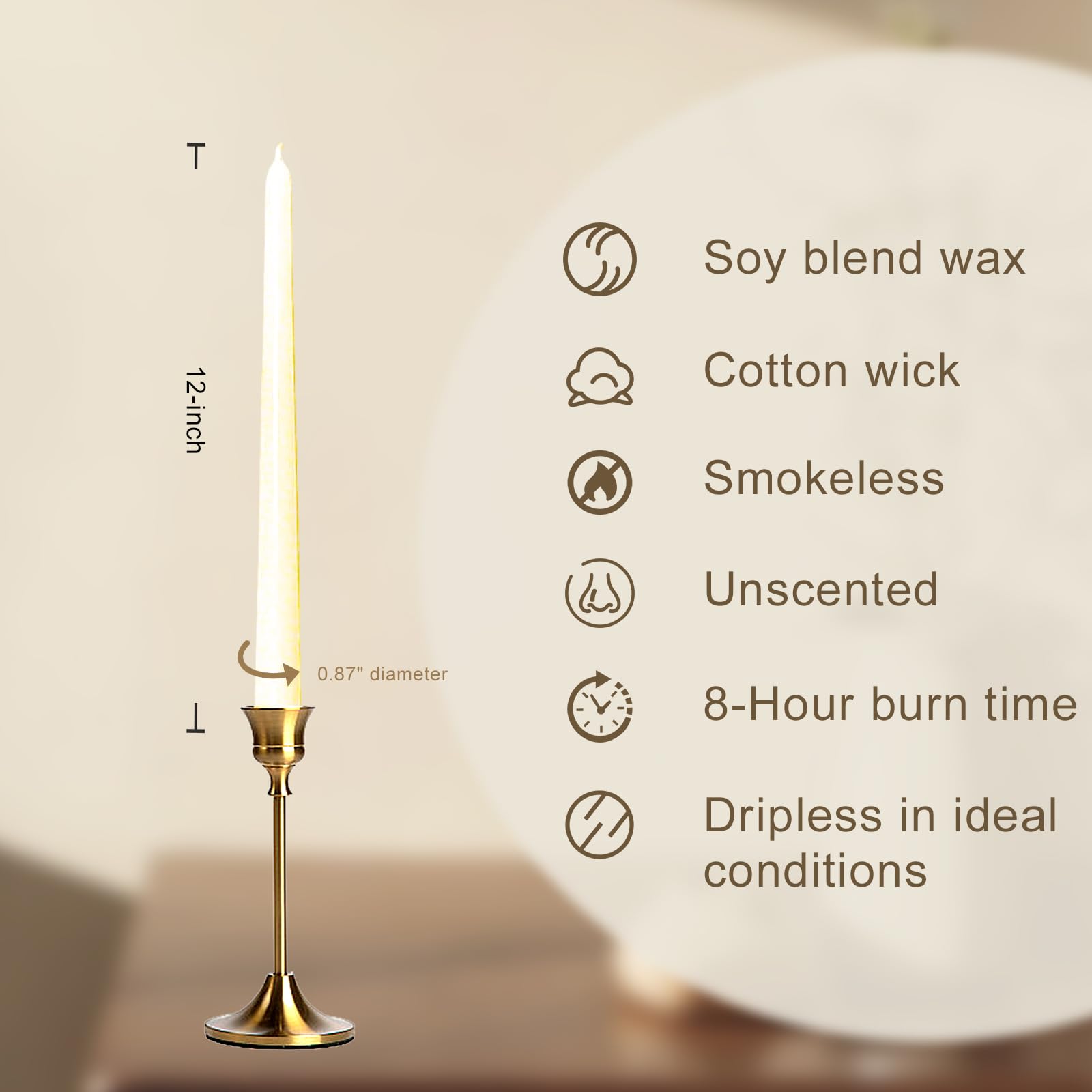 Smokeless Dripless Long Candlesticks, Unscented Tapered 10-Inch
