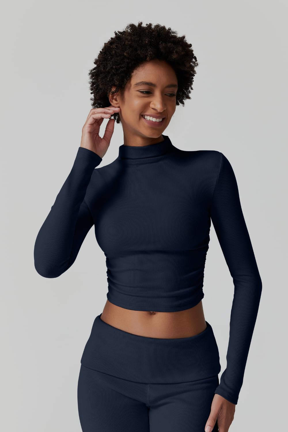 Womens 2 Piece Lounge Sets Mock Neck Long Sleeve Tops with Side Ruched Fold Over Flare Pants Comfy Tracksuits