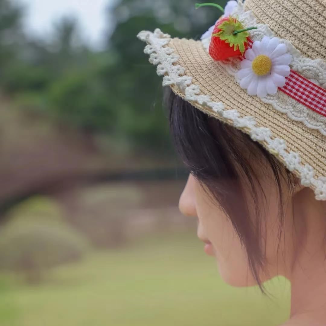 Lolita Strawberry Straw Hat for Women Teens Summer Outdoor Fashionable Wide Brim Beach Sun Hats UV Protection