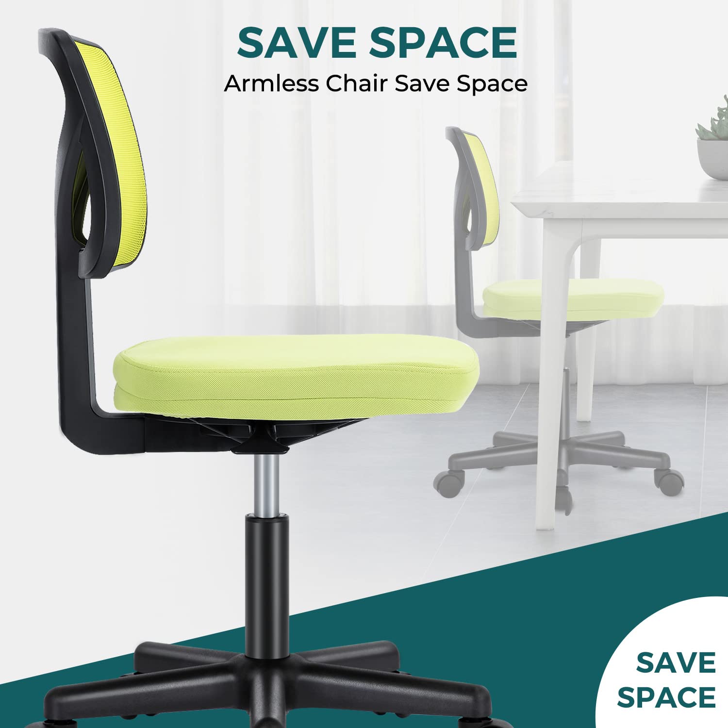 Vanity Swivel Armless Desk Chairs with Wheels, Ergonomic Adjustable Home Office Rolling Task Chair, Comfy Mesh Mid Back