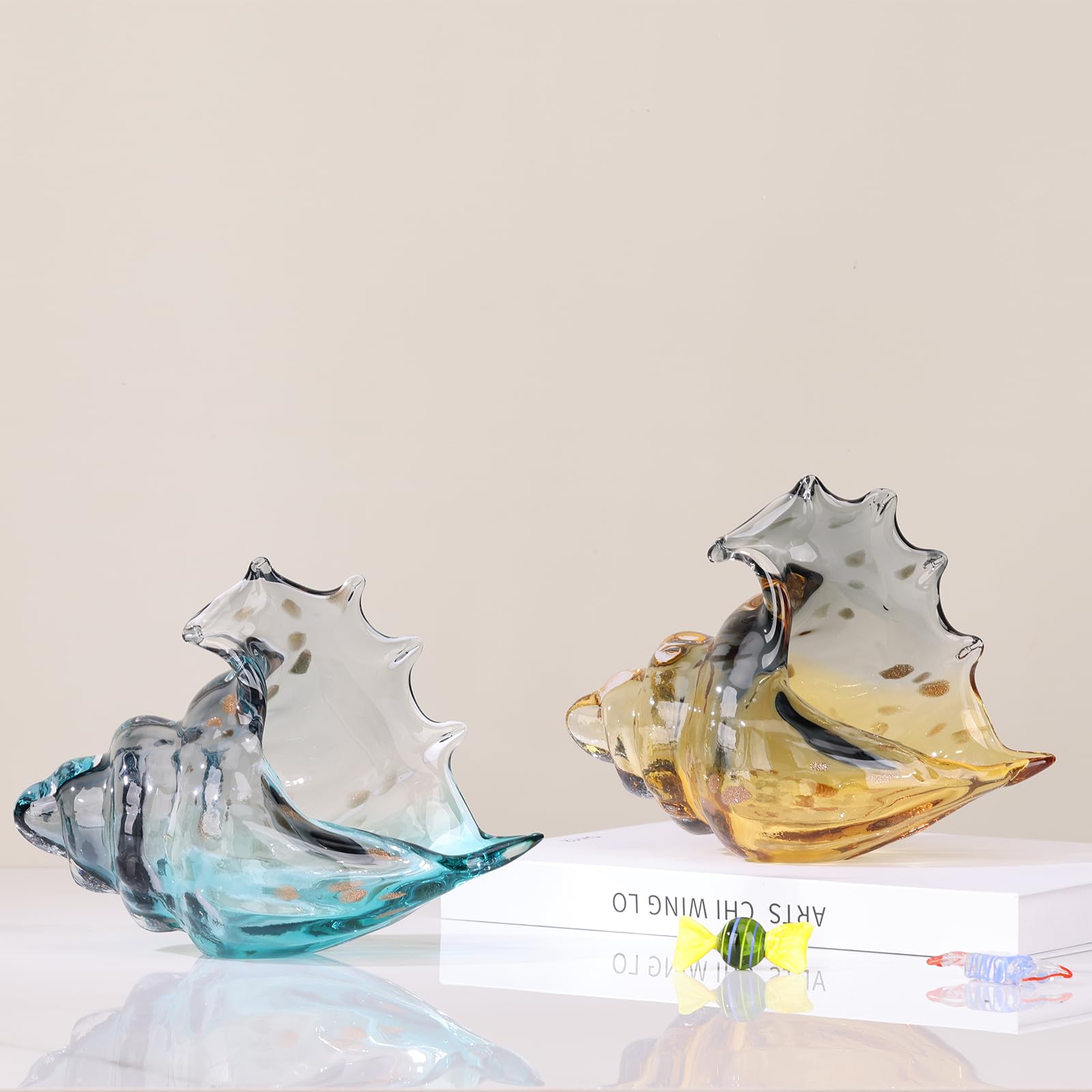 Hand Blown Glass Conch - Coastal Home Decor Conch Corners, Glass Art Conch Sculptures, Office Decor Blown Glass Art, Living Room Table Centerpieces, Bathroom Shelf Tops And Cabinet Decor