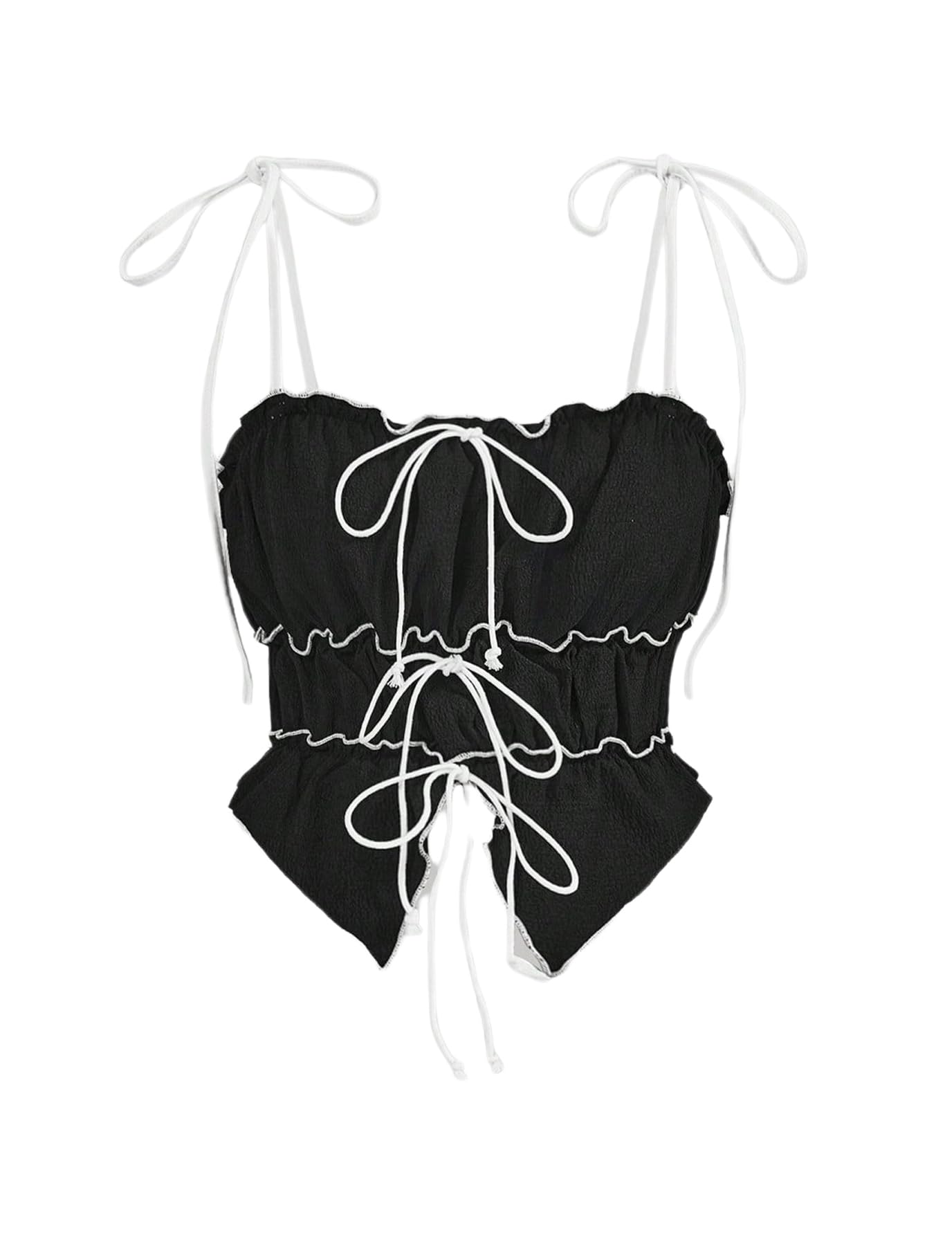 Women's Bow Tie Cami Tops Ruffle Spaghetti Strap Contrast Trim Asymmetrical Camisole Tank