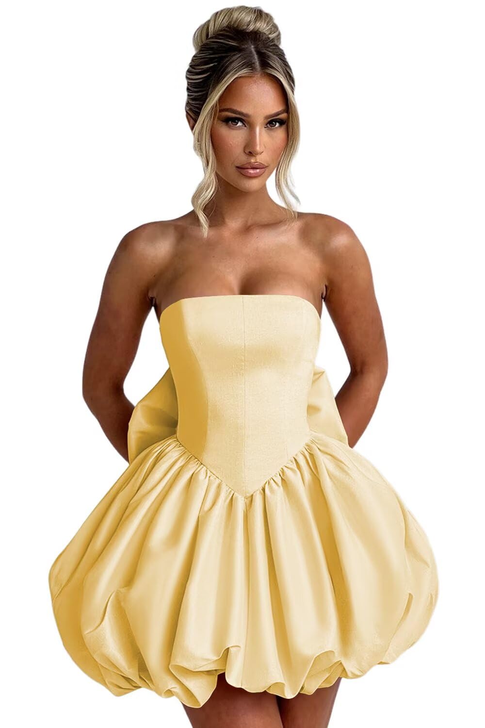 Satin Bubble Dress with Pockets Strapless Detachable Bow Short Ball Gowns A Line