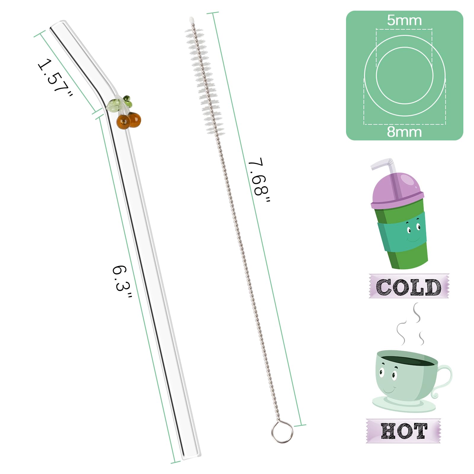 Reusable Straws Clear Glass Straws Colorful Butterfly Design Size 7.8" x 8mm with 1 Cleaning Brush 5 Pcs