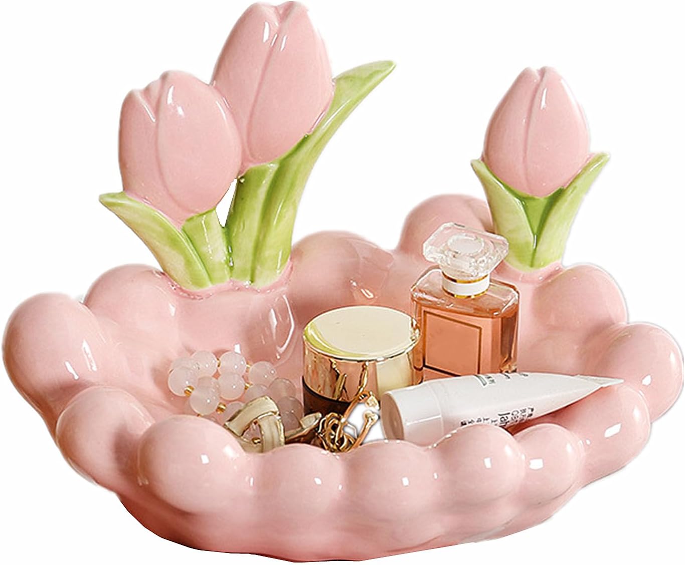 Pink Ceramic Tulip Decorative Jewelry Tray Jewelry Storage for Rings Earrings Necklaces Bracelet Watch Keys