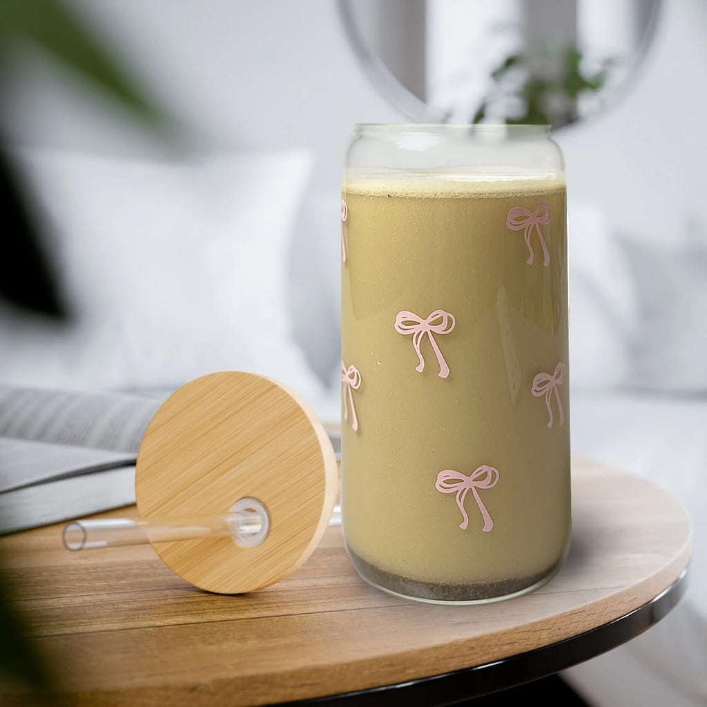 Coquette Aesthetic Glass Cup with Lid and Straw â€?Pink Bow Iced Coffee Tumbler, 16 oz, Includes Cleaning Brush and Gift Box