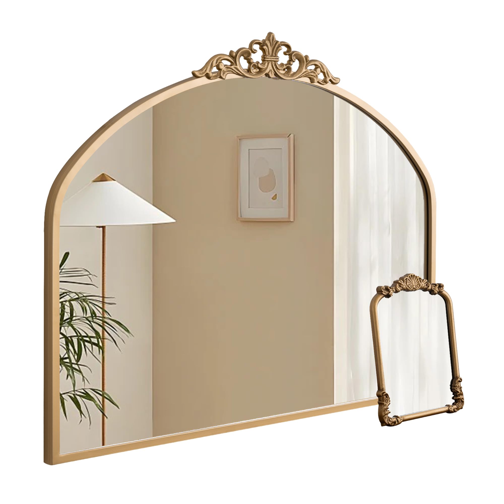 Set Vintage Mirror 36x29 Gold Antique Baroque Arched Ornate Traditional Brass Mirror and 8.5x12 Vintage Vanity