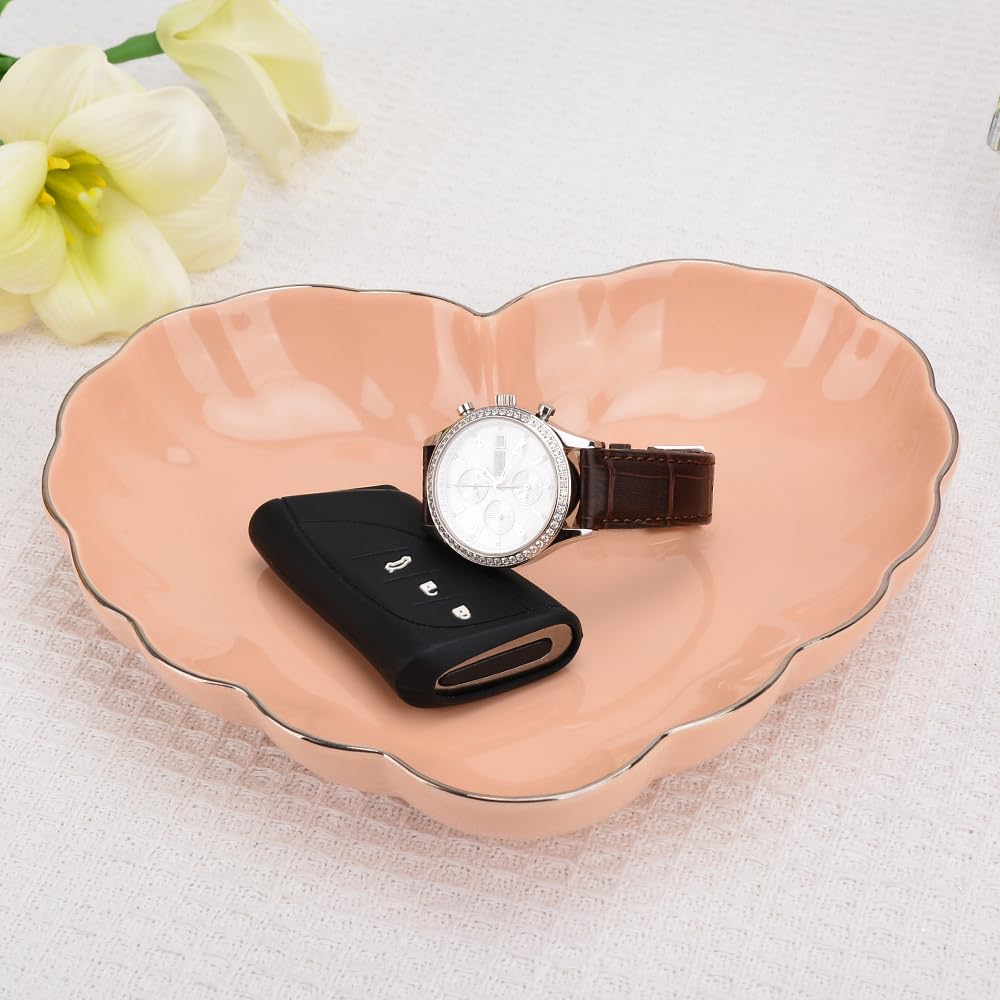 Porcelain Serving Dish, Heart Shape Candy Bowls, Ceramics Flower Relish Tray with Metallic Rim