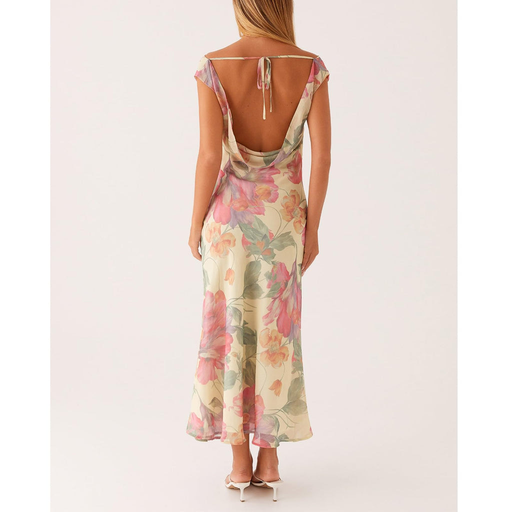 Women Floral Slip Dress Spaghetti Strap Maxi Dress Backless Slim Fit Long Dresses Flowers Print Going Out Dress