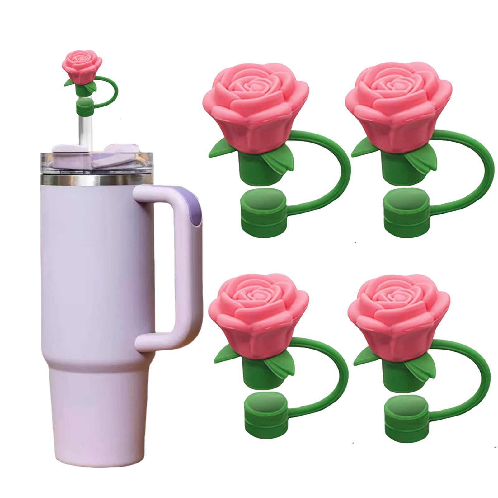Rose Flower Straw Covers for Stanley Cup, Silicone Cover Dust Proof Plugs Protector 4Pcs 10mm