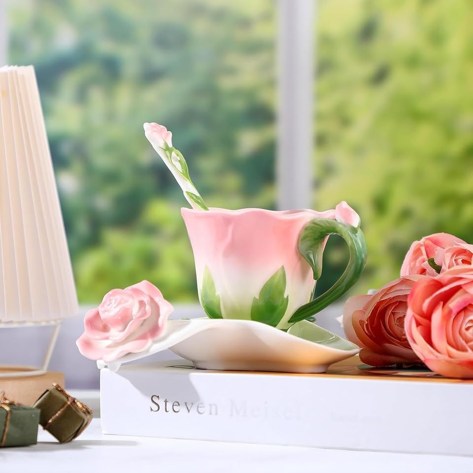 Rose Tea Cup and Saucer -  Set for 1 Ceramic Hand Crafted Rose Flower Cup, 6 Oz