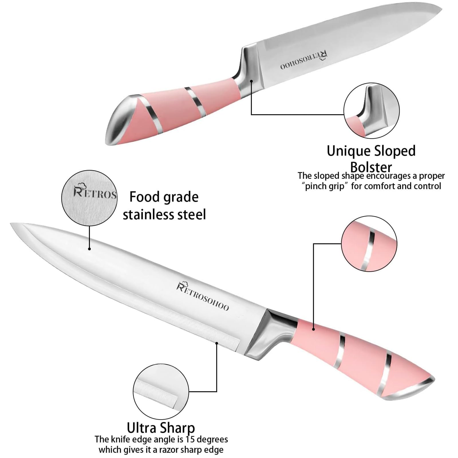 Kitchen Stainless Steel Knife Set, 9-Pieces Sharp Non-Stick Coated Chef Knives Block Set