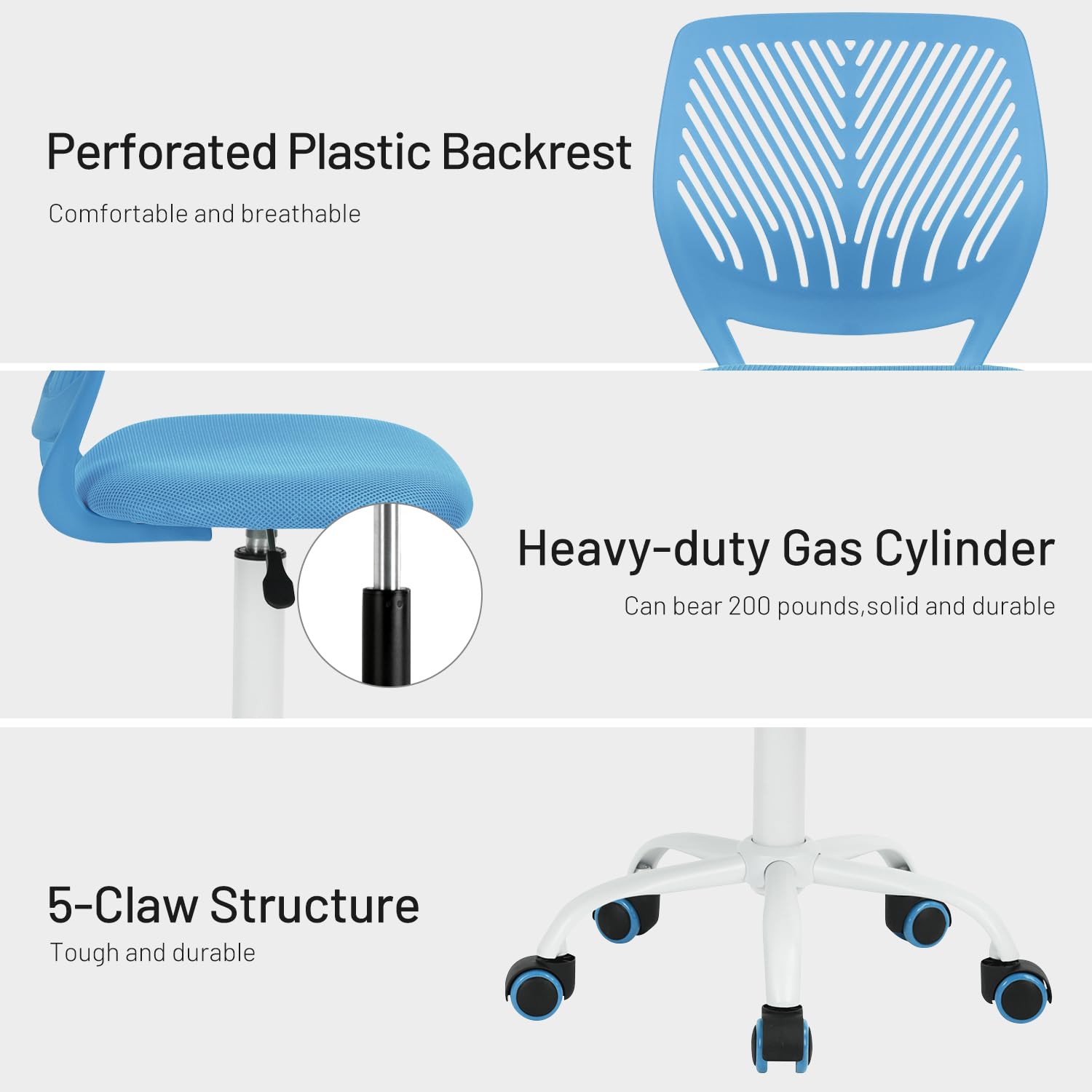 Study Desk Chair Armless Cute, Ergonomic Small Swivel Adjustable Rolling Lightweight Task Chair with Wheels and Mesh Padded Cushion