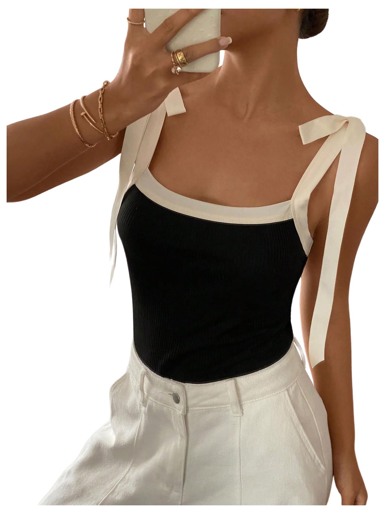 Women's Coquette Bow Tie Shoulder Tank Tops Backless Fitted Crop Tops