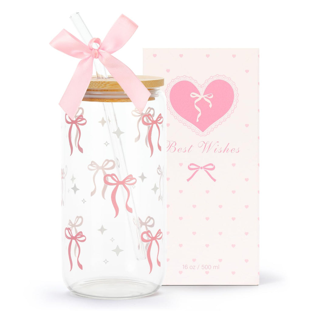 Coquette Black Bow Aesthetic Cup With Gift Box 16oz Glass Cup with Lids Straws and Black Bow Iced Coffee Smoothie Cute Tumbler with Cleaning Brush