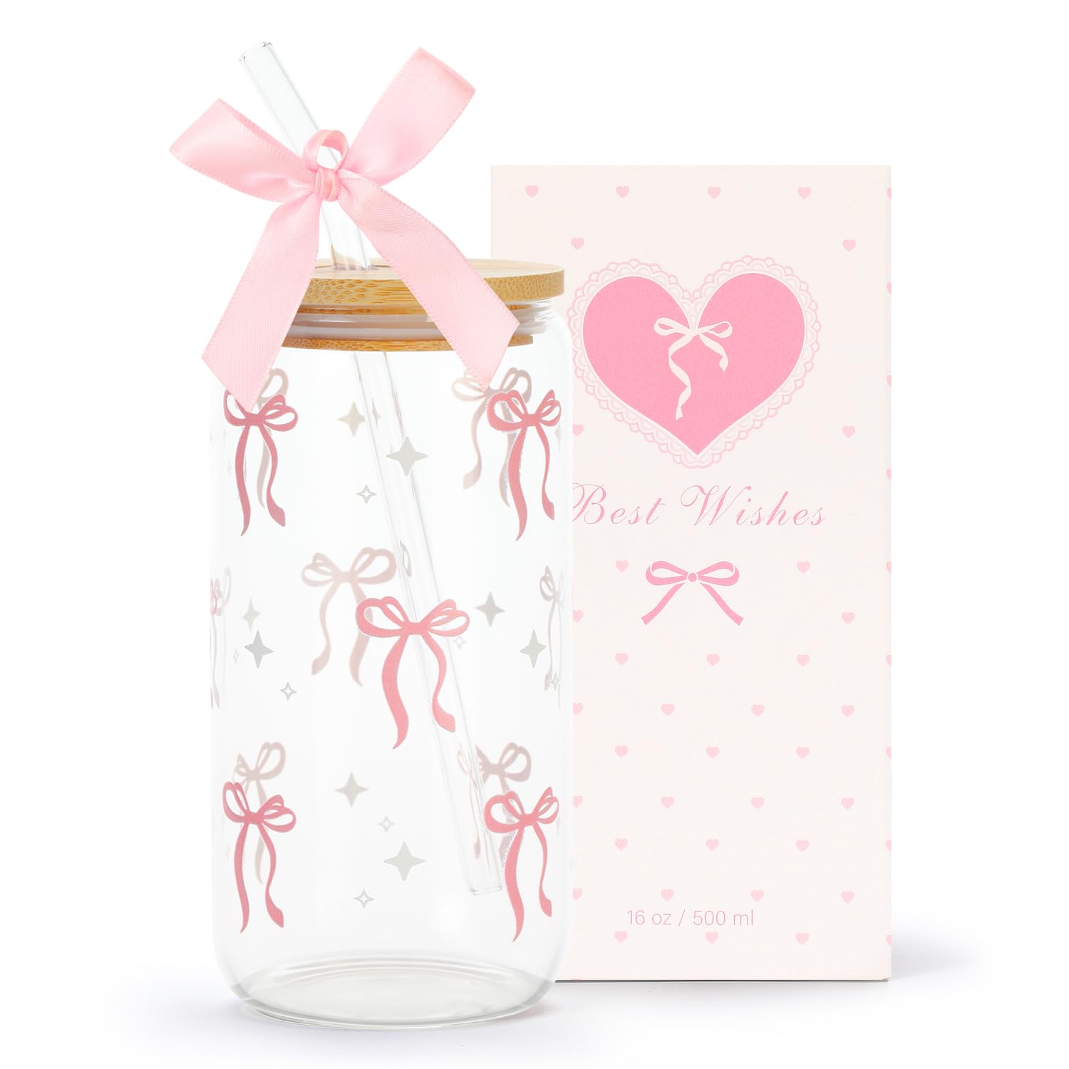 Coquette Black Bow Aesthetic Cup With Gift Box 16oz Glass Cup with Lids Straws and Black Bow Iced Coffee Smoothie Cute Tumbler with Cleaning Brush