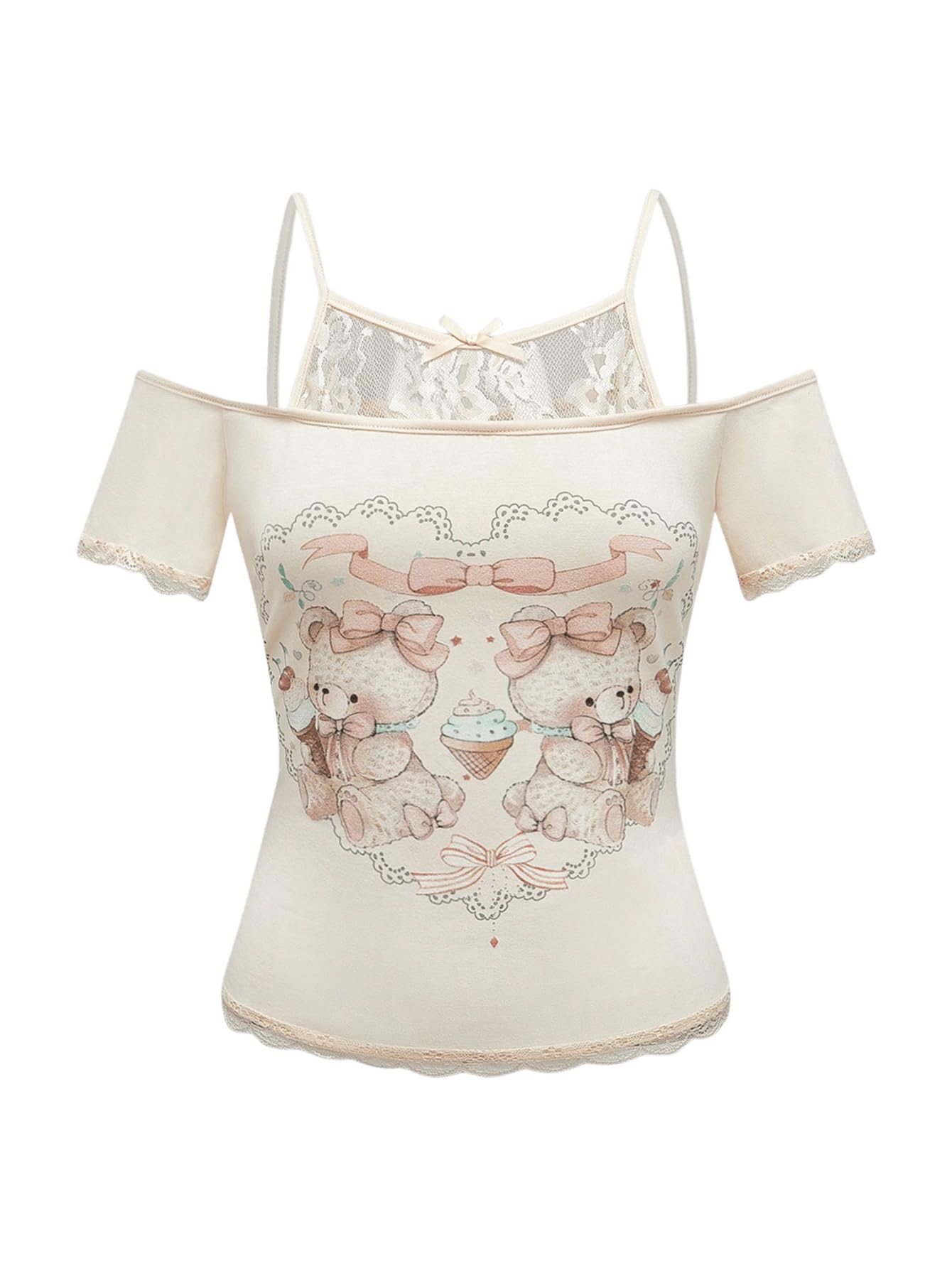Women's Y2K Coquette Aesthetic Crop Tops Summer Kawaii Clothes Cute Lace Bow Cold Shoulder Graphic Tees