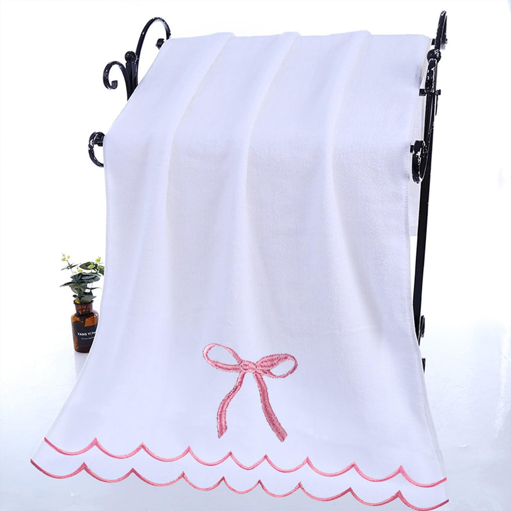Cute 4 Set Coquette Bow Bath Towels Set 2 Bath Towels 2 Hand Towels Soft Embroidered Preppy Decorative Scalloped Towels for Bathroom