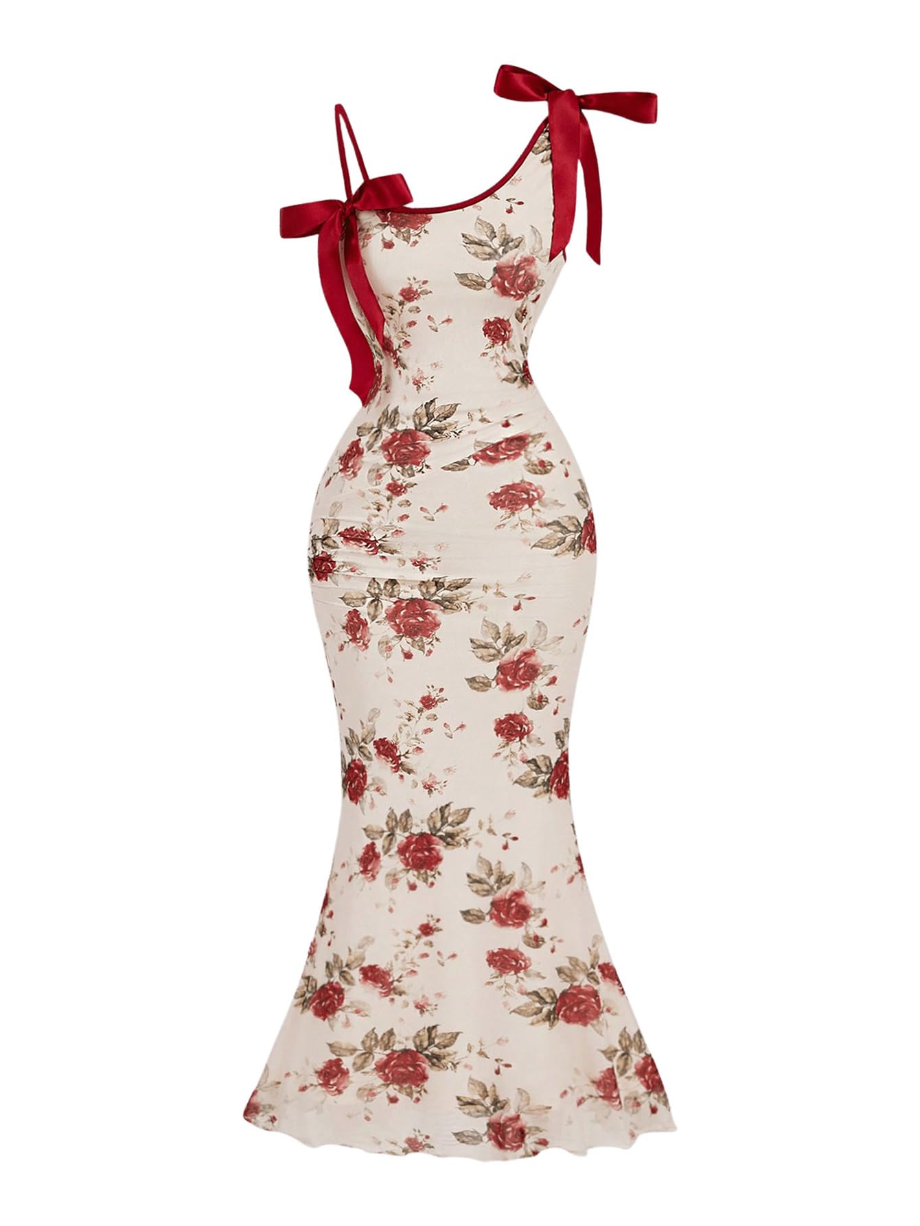 Asymmetric Women's Floral Print Bowknot Bodycon Maxi Dress Sleeveless Strap Fishtail Dress