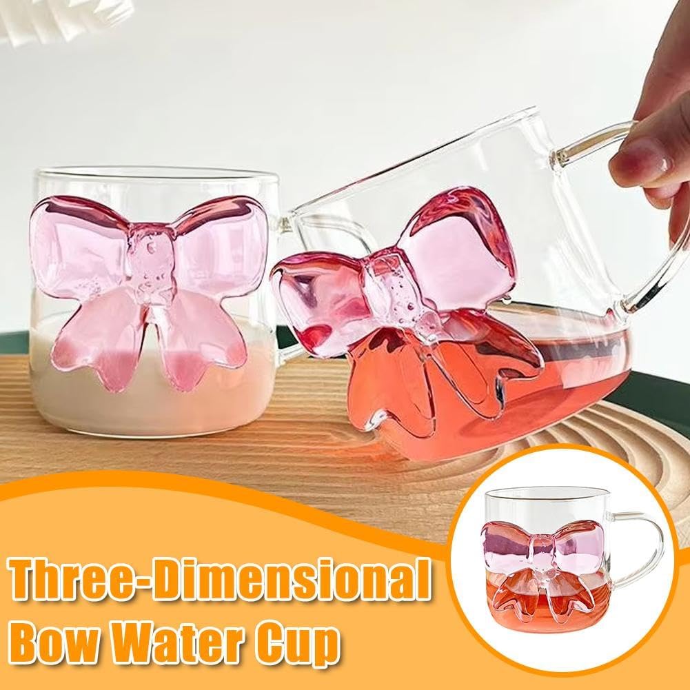 Glass Coffee Mug with Pink Bow Design with Handle, Elegant and Durable 13.5 oz Glassware for Hot and Cold Beverage