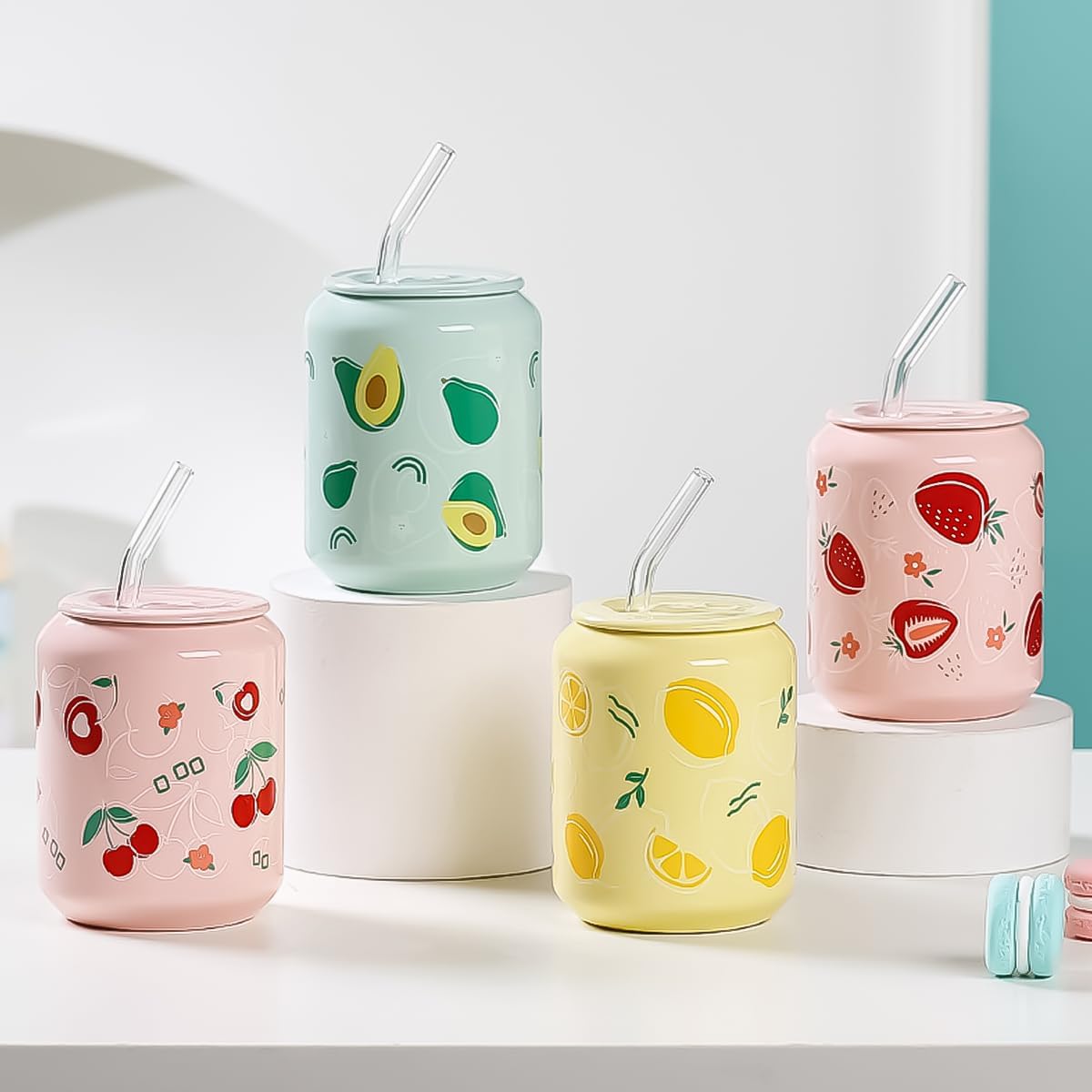 Cute Fruit Strawberry Pattern Coke Cans Shaped Ceramic Mug with Lid and Straw 17oz Pink Drinking Cup - Microwave Safe