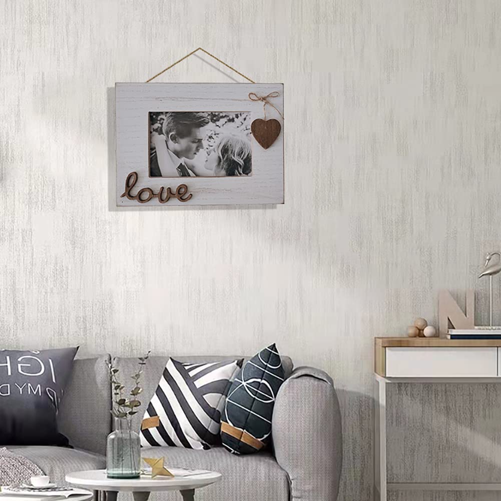 Love Picture Frame with Heart for Table Top and Wall Mounting-Distressed Wooden Photo Frame HD Glass Inside