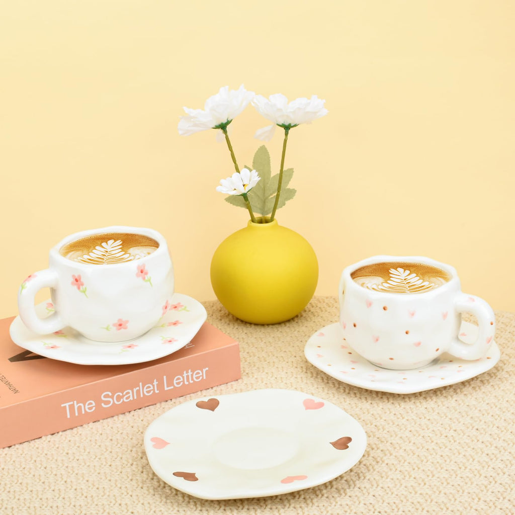 Ceramic Coffee Mug with Saucer Set, Cute Creative Cup Unique Irregular Design, 10 oz/300 ml