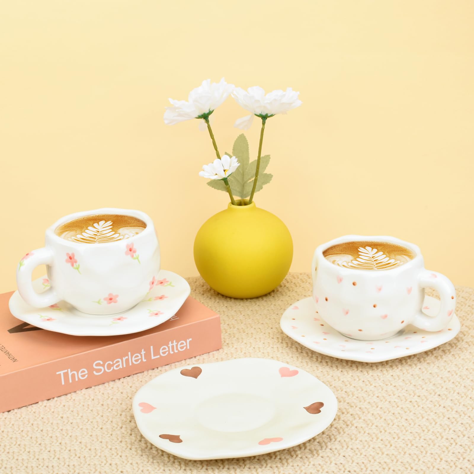 Ceramic Coffee Mug with Saucer Set, Cute Creative Cup Unique Irregular Design, 10 oz/300 ml