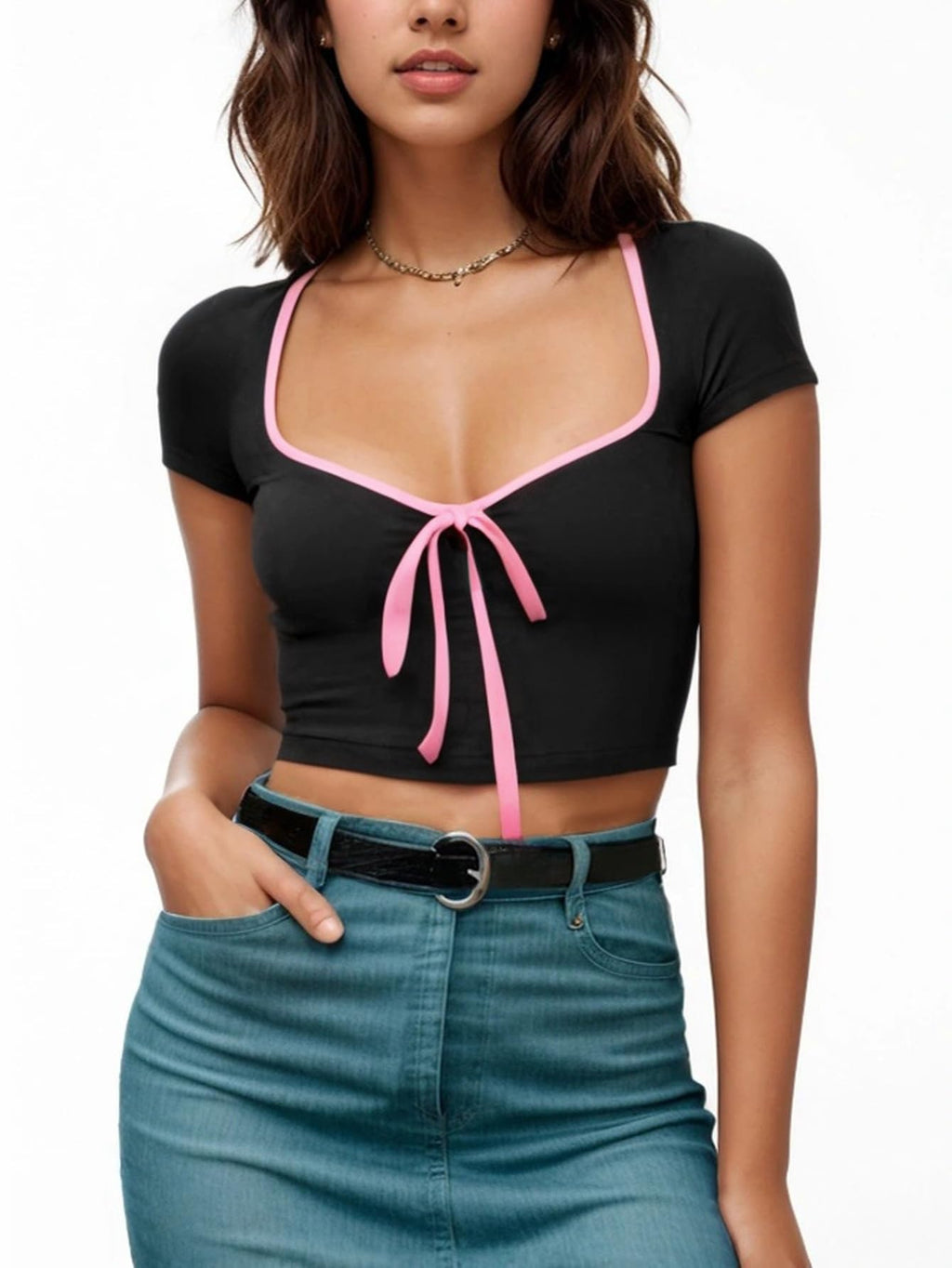 Womens Summer Short Sleeve Bow Square Neck Baby Tees Color Block Basic Crop Tops