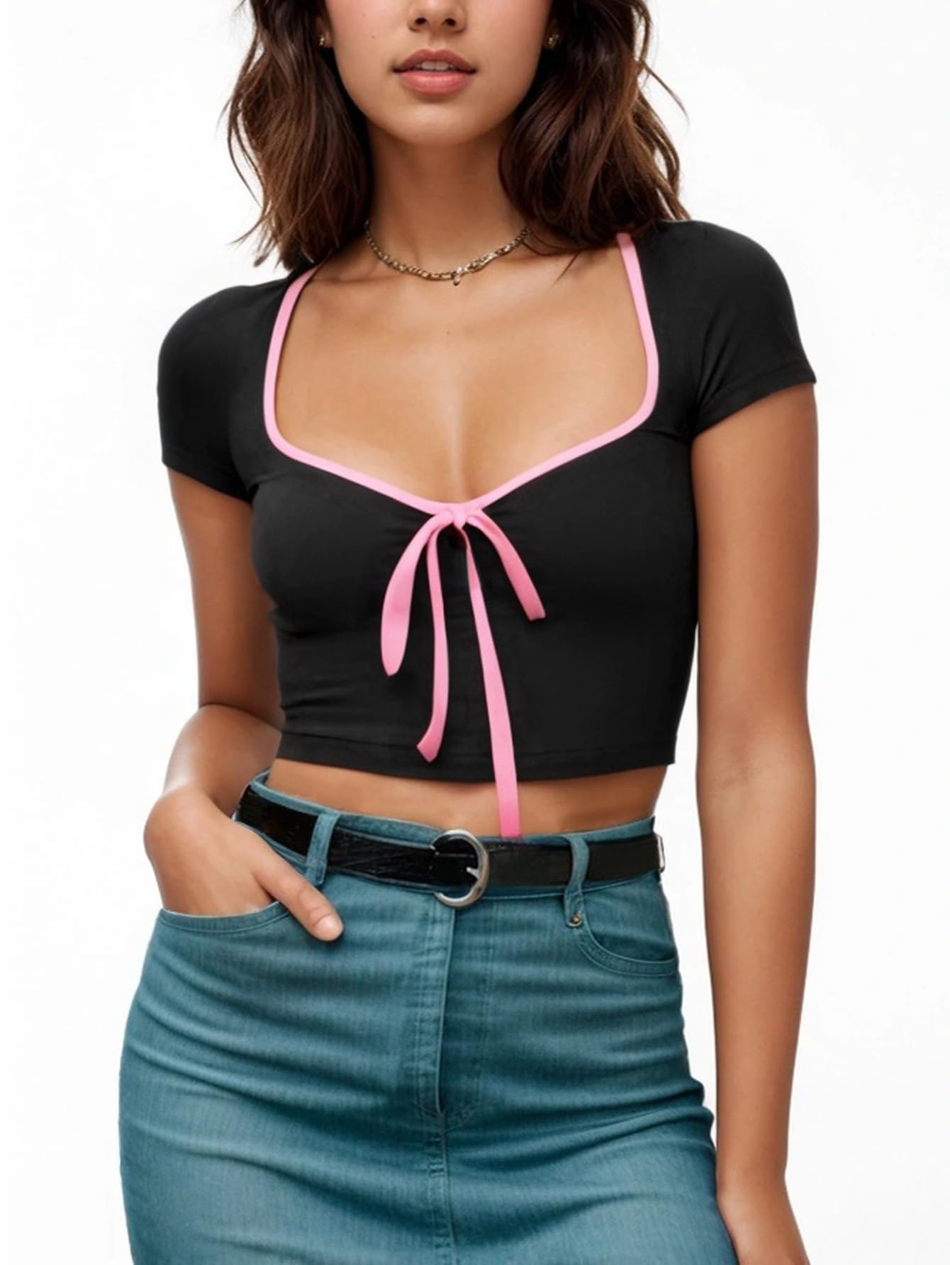 Womens Summer Short Sleeve Bow Square Neck Baby Tees Color Block Basic Crop Tops