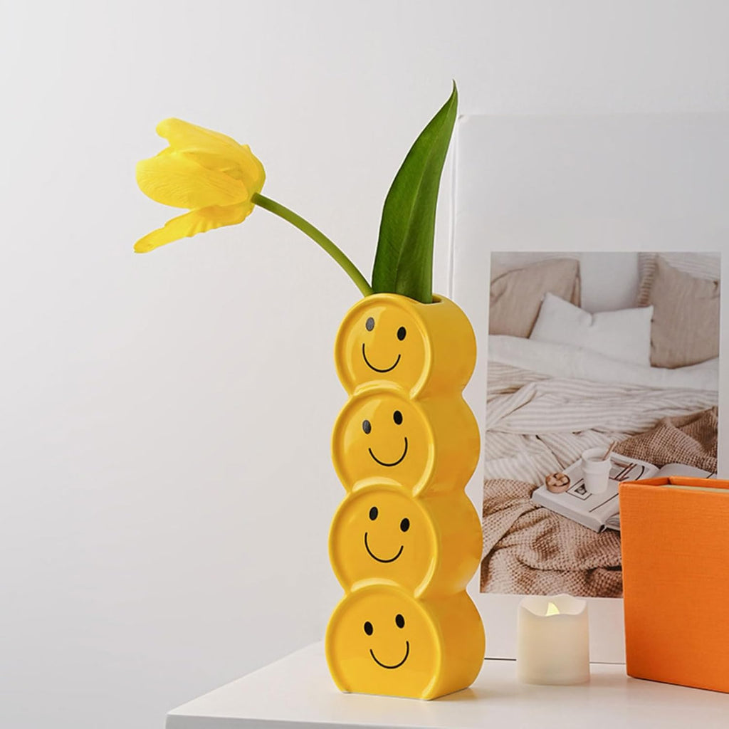 Smile Face Vase Yellow Ceramic Home Decor for Flowers and Plants,A Happy and Creative Small Vase Suitable for Modern Style, Good Mood.