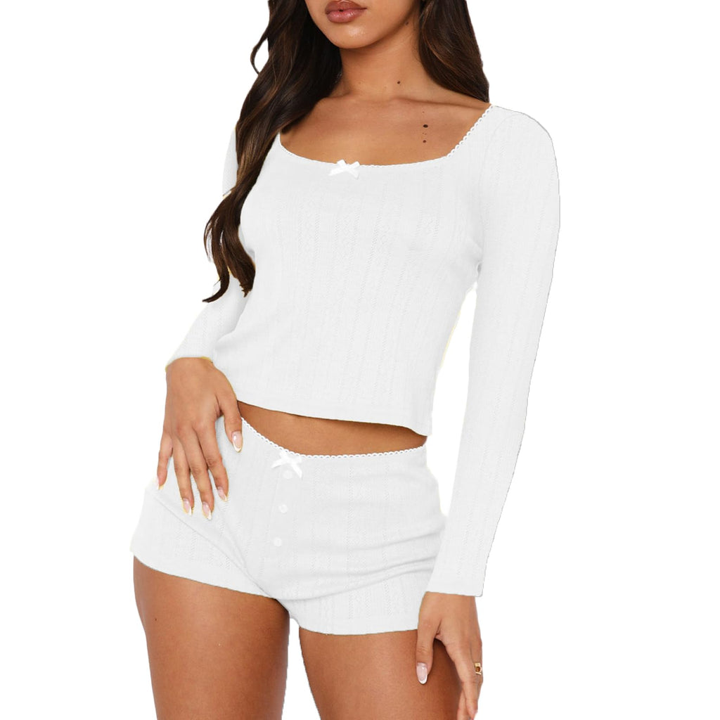 Women's Two Piece Outfit Lace Trim Top and Shorts Set 2 Piece Lounge Sets Ladies PJs Summer Clothes