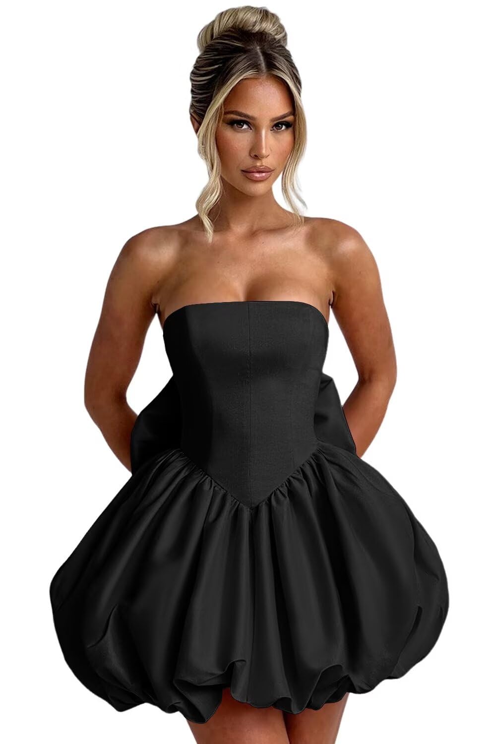 Satin Bubble Dress with Pockets Strapless Detachable Bow Short Ball Gowns A Line
