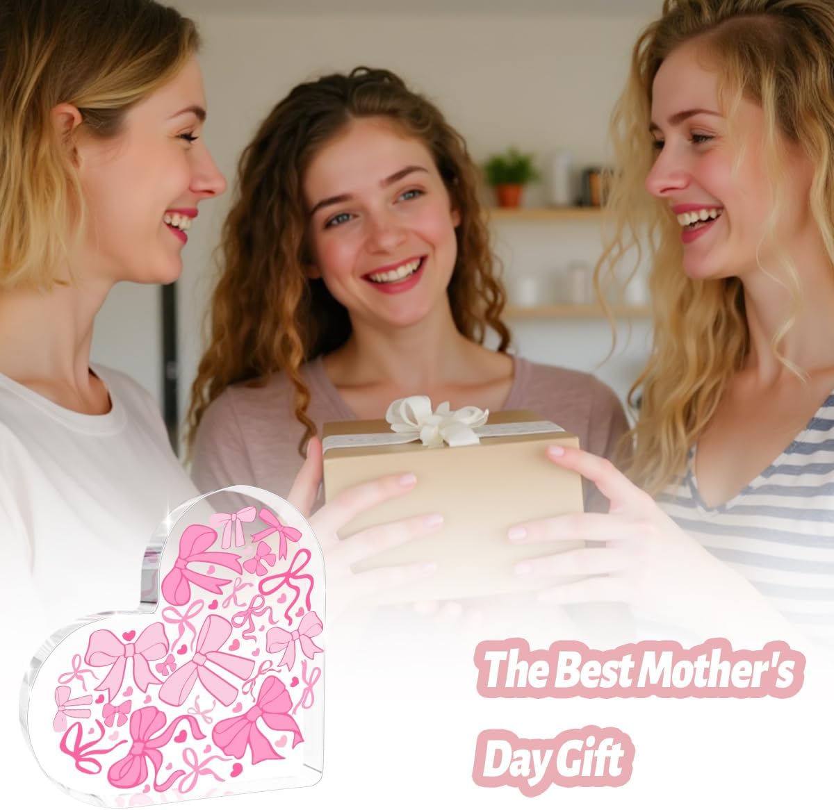 Pink Coquette Heart Bowknot Cute Decorative Faux Acrylic Heart-Shaped Decorative Sign for Home Office Love Theme Tabletop Mount 3.9 * 3.9 * 0.4