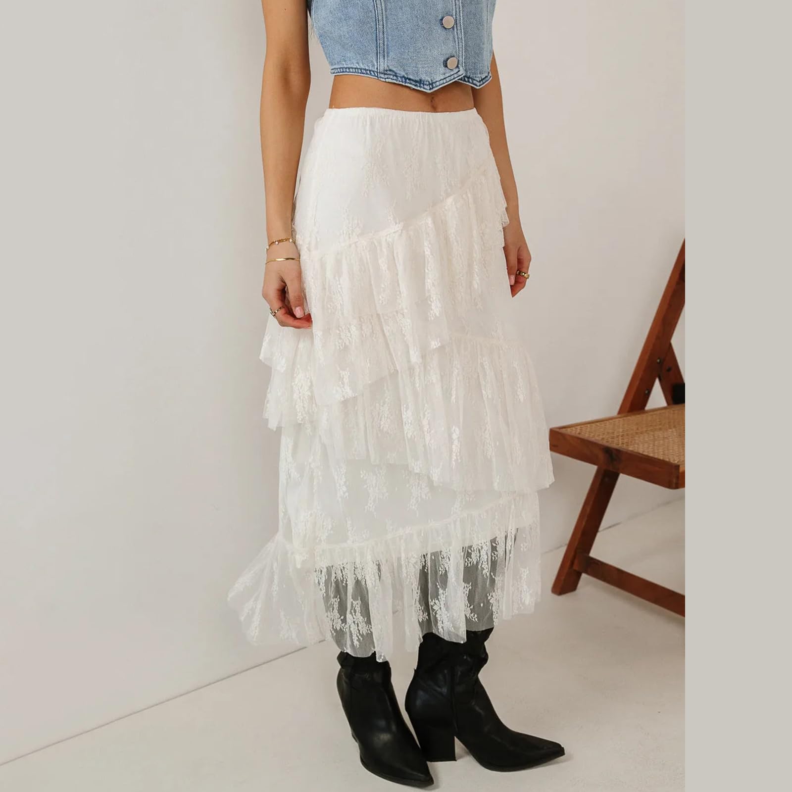 Lace Maxi Skirt High Waist Ruffle A-Line Flare Long Skirt