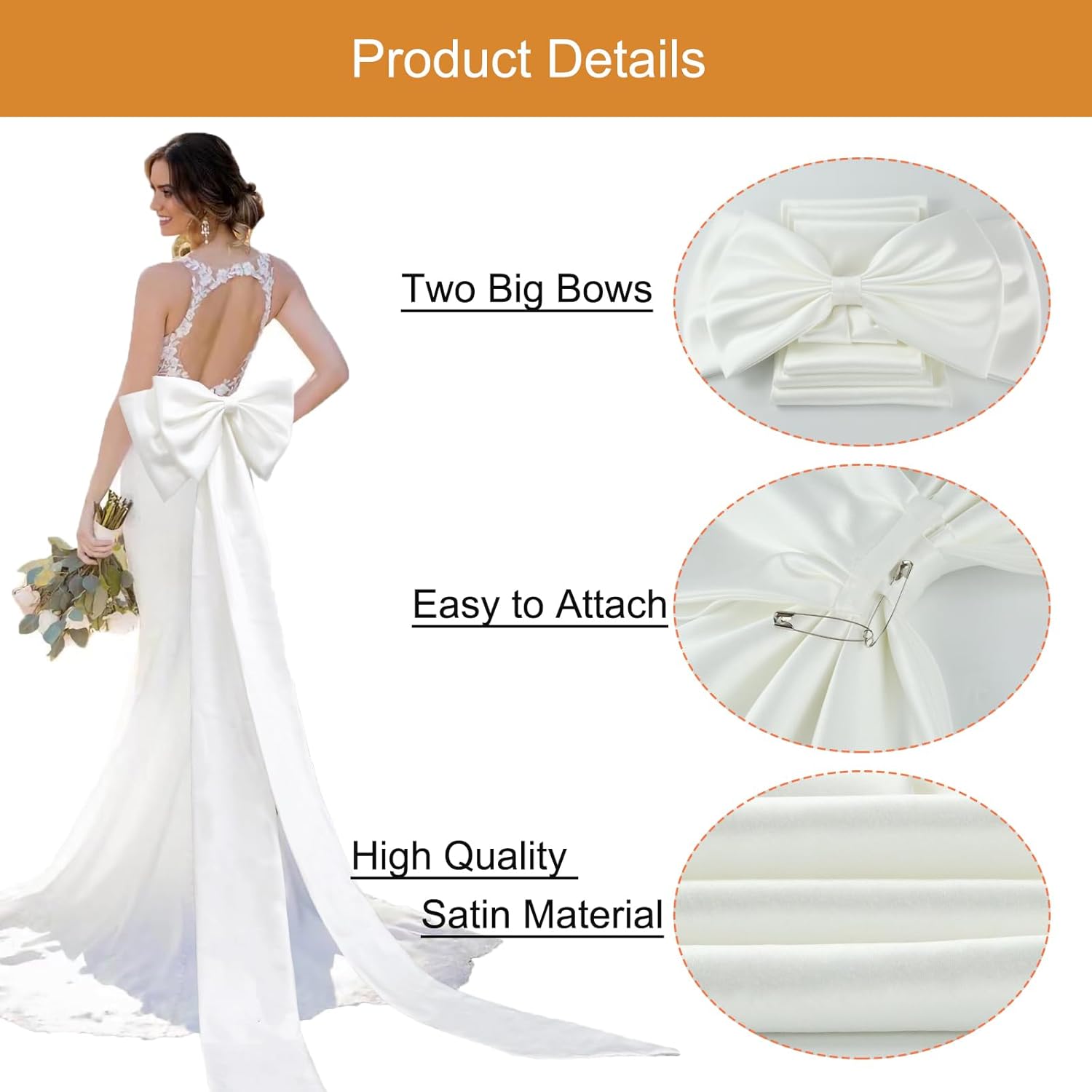 Detachable Big Bow Long Train Satin Bowknot Sweep Train Waist Sash Belt Bowknot for Wedding Formal Dress