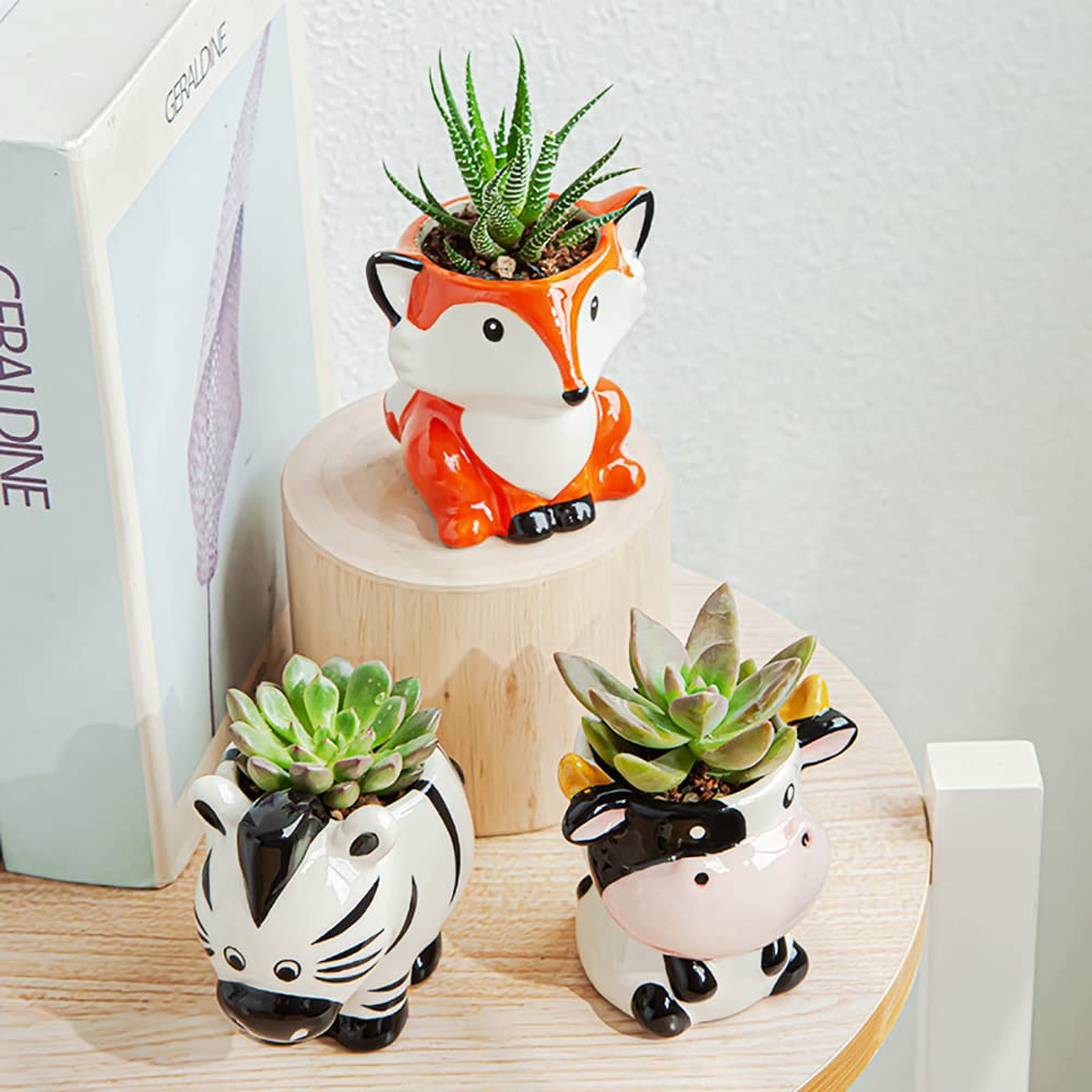 Cute Animal Ceramics Planter Small Succulent Pot Cartoon Shaped Plant Pot for Mini Plants Flower Cactus, Smooth Shiny Ceramic - Plants Not Included
