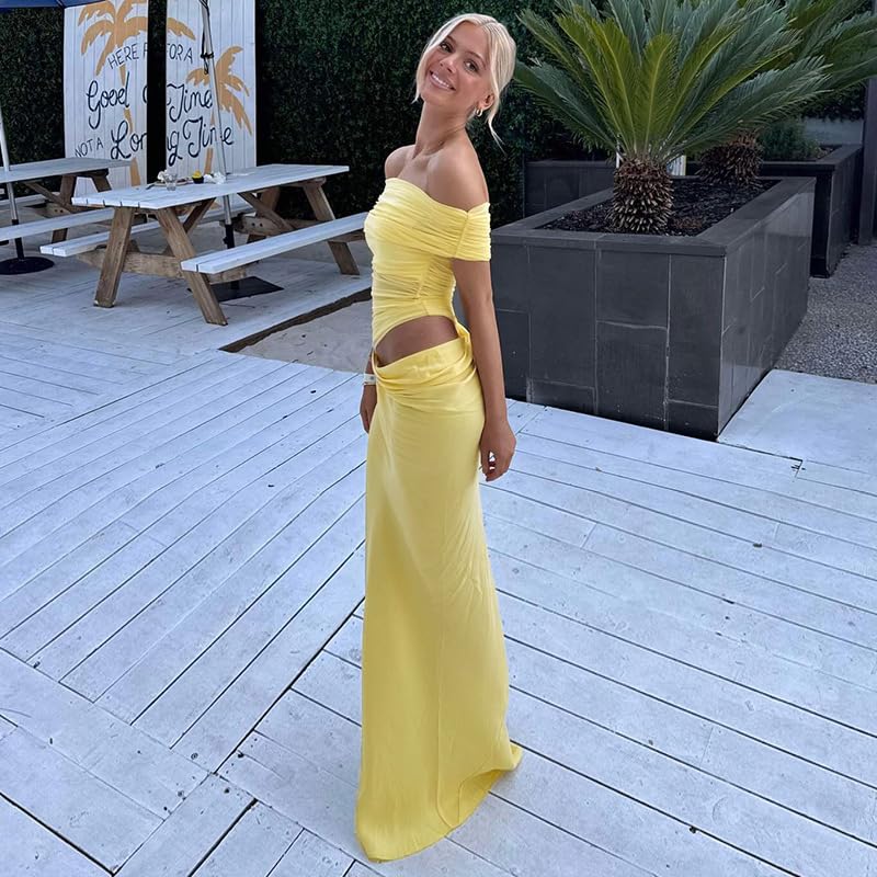 Women Off Shoulder Bodycon Maxi Dress Layered Mesh Ruched Hollow Out Dresses