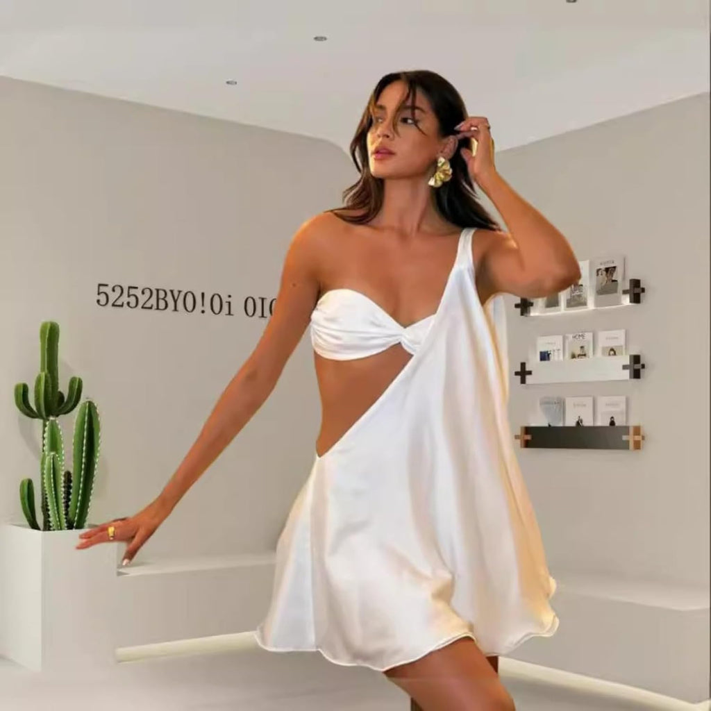 One Shoulder Dress for Women Sexy Satin Dress Sleeveless Backless Pleated