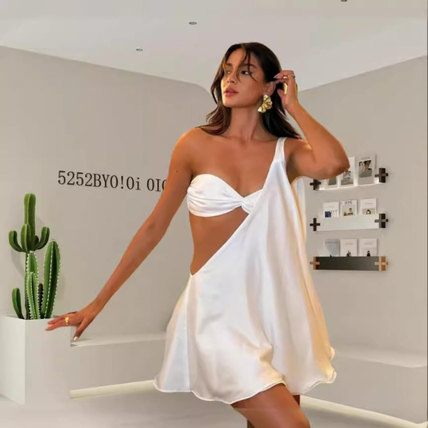 One Shoulder Dress for Women Sexy Satin Dress Sleeveless Backless Pleated