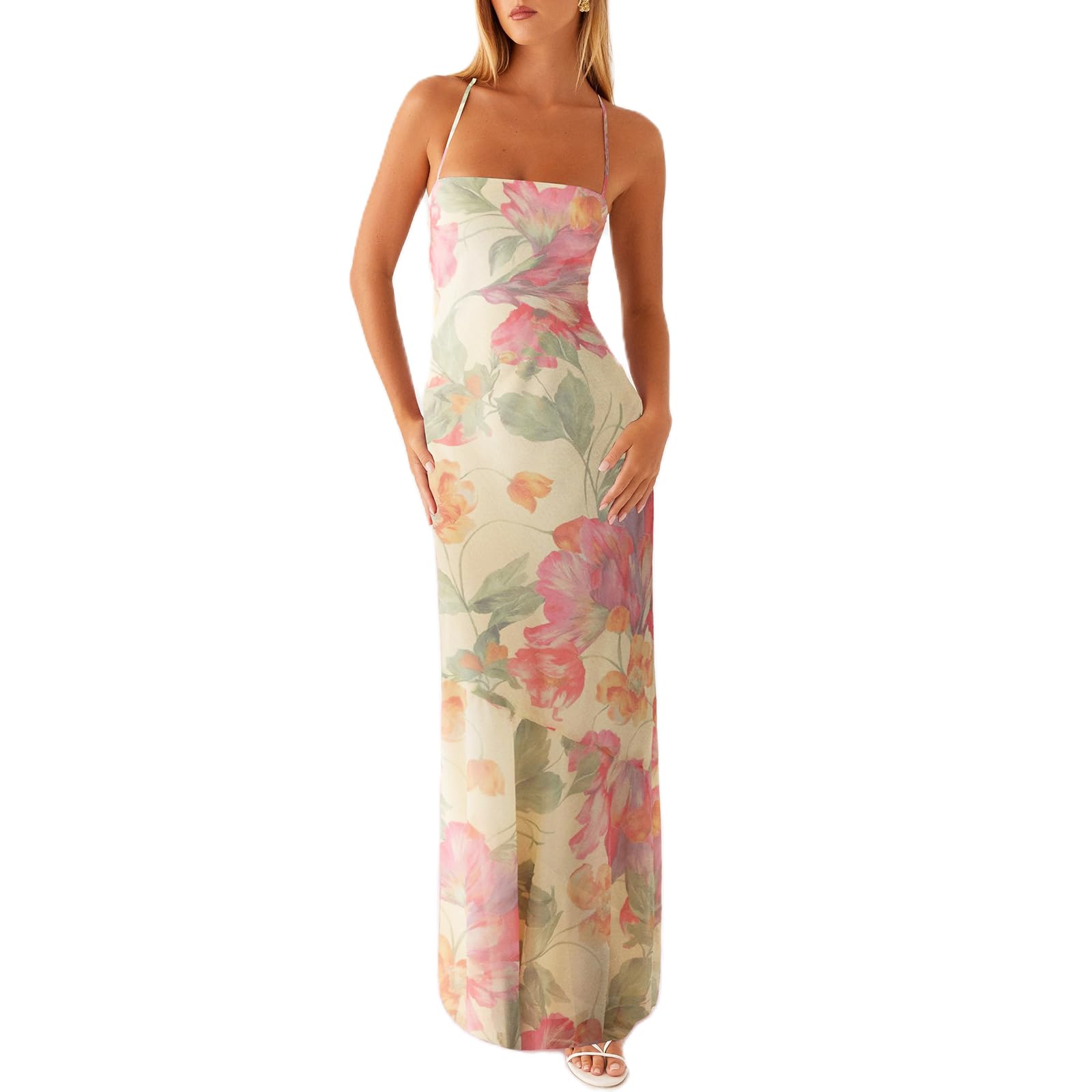 Women Floral Slip Dress Spaghetti Strap Maxi Dress Backless Slim Fit Long Dresses Flowers Print Going Out Dress