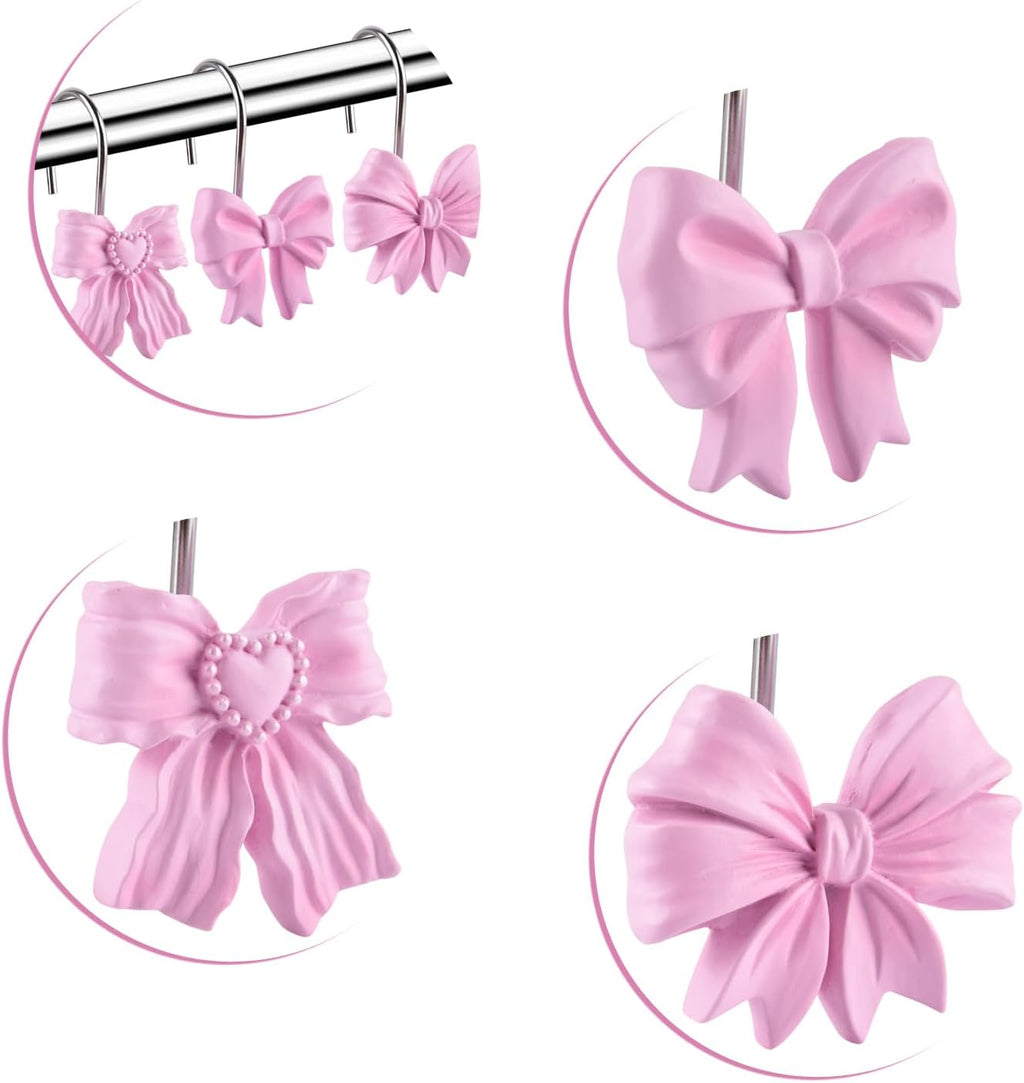 Pink Bow Knot Resin Shower Curtain Hooks Rings for Bathroom 12 PCS