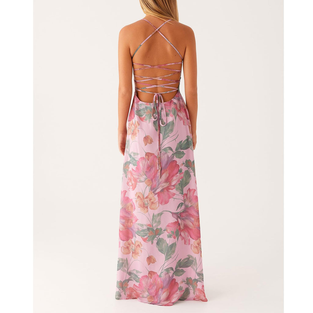 Women Floral Slip Dress Spaghetti Strap Maxi Dress Backless Slim Fit Long Dresses Flowers Print Going Out Dress