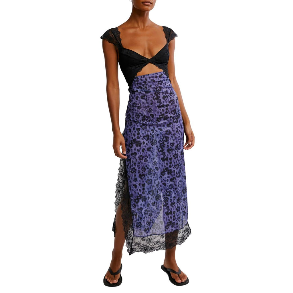 Women Sleeveless Maxi Dress Backless Bodycon Floral Printed Spaghetti Strap Long Dress Sheer Mesh Summer One-Piece