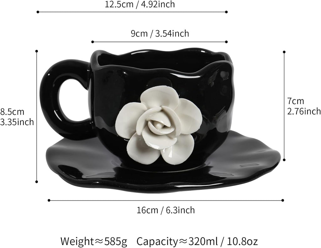 Cute Black with White Flowers Ceramic Cups, Unique Fancy Tea Cups with Saucer, 11OZ