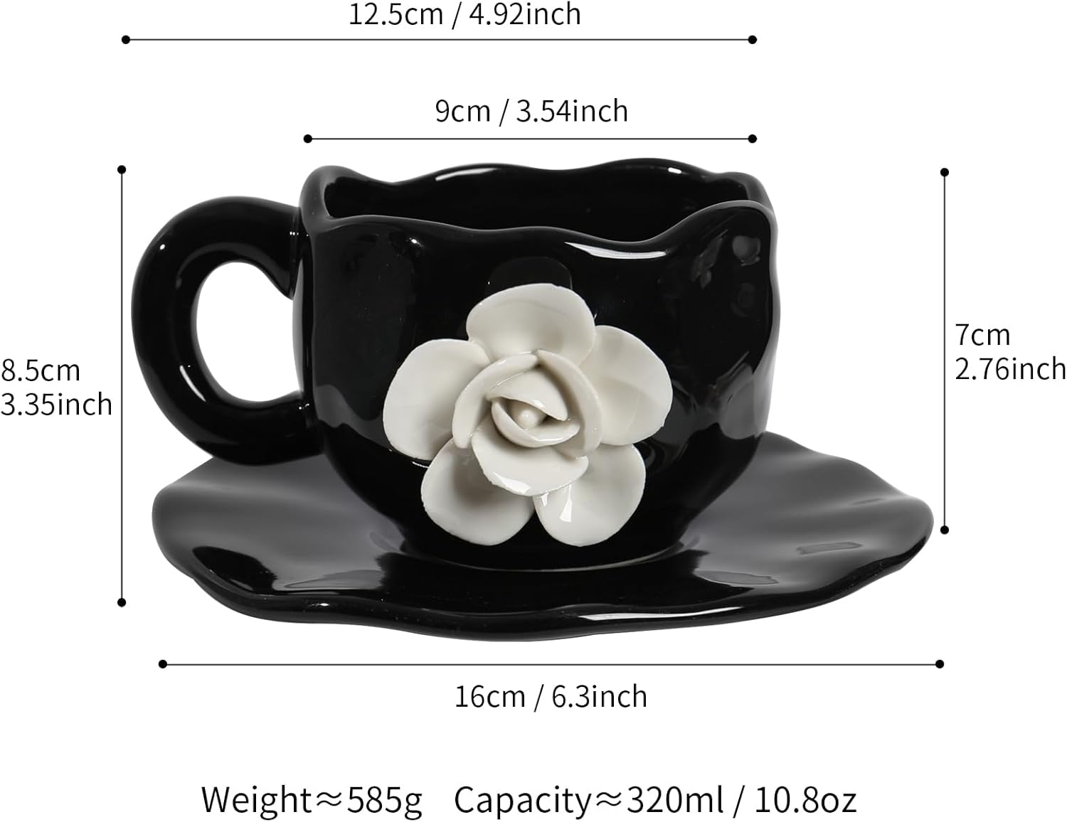 Cute Black with White Flowers Ceramic Cups, Unique Fancy Tea Cups with Saucer, 11OZ